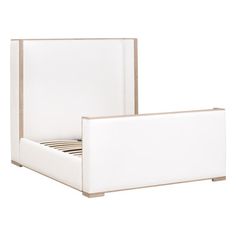 a white bed with a wooden headboard and foot board in front of a white background