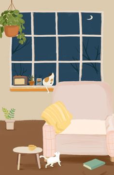 a living room filled with furniture and a cat sitting on the couch in front of a window