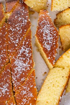 slices of pound cake with powdered sugar on top