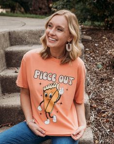 Piece out pie tshirt. Perfect gift for Thanksgiving fans. Funny thanksgiving shirt fall shirt vintage retro shirt. Great for matching groups parties festivals and outings in fall. Comfort Colors introduces its garment-dyed t-shirt; a fully customizable tee made 100% with ring-spun cotton. The soft-washed, garment-dyed fabric brings extra coziness to your wardrobe while the relaxed fit makes it an excellent daily choice. The double-needle stitching throughout the tee makes it highly durable while Playful Crew Neck T-shirt For Fall, Retro Orange T-shirt For Fall, Casual Thanksgiving T-shirt With Graphic Print, Casual Thanksgiving Graphic T-shirt, Casual Thanksgiving Graphic Print T-shirt, Playful Pre-shrunk T-shirt For Fall, Dessert Pun, Pie Shirt, Vintage Pumpkin