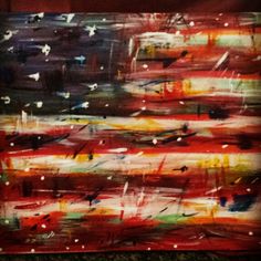 an abstract painting with red, white and blue colors in the background that has birds flying over it