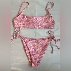 Never Worn!! In Great Condition Top And Bottom Size Small Maddie Top Elsa Bottom Pink Floral Print Tie-side Swimwear, Pink Tie-side Bottom Swimwear For Spring, Spring Pink Tie-side Swimwear Bottom, Pink Spring Tie-side Bottom Swimwear, Summer 2023, Orange Pink, Pink Orange, Daily Outfits, Color Orange