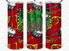 three red and green tumblers with musical instruments on them, one has the word youth jam printed on it