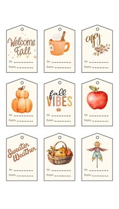 six tags with different types of food and words on them, each one has an apple