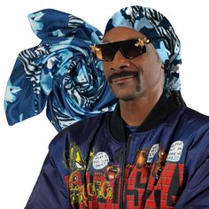 a man wearing sunglasses and a blue jacket with a bandana on top of his head