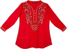 Coral Red Boho Tunic Top with Multicolored Embroidery | Tunic-Shirt | Red | Embroidered, XL-Plus, Misses, Vacation, Beach, Gift, Fall Red Embroidered Long Sleeve Top For Fall, Red Tunic Blouse For Festive Occasions, Red Festive Tunic Blouse, Festive Red Tunic Blouse, Red Embroidered Top For Eid, Red Long Sleeve Top For Festivals, Red Tops For Eid Festive Occasion, Red Festive Top For Eid, Red Top For Festive Occasion And Eid