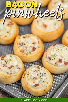 bacon and cheese pinwheels on a baking sheet with the title text overlay