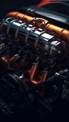 an image of a car engine with orange and black pipes on it's side