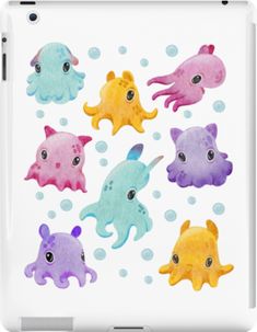 an ipad case with different colored squids on the front and back sides, all in watercolor