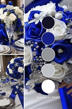 a blue and white wedding bouquet with silver accents is shown in three different pictures, including the centerpieces