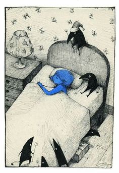 a drawing of a person laying in bed with two birds on the head and one bird sitting on top of the bed