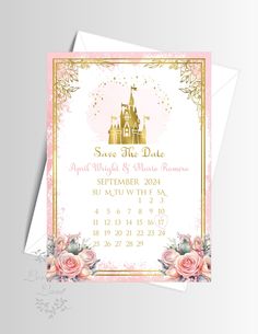 a pink and gold save the date card with roses on it, next to a white envelope