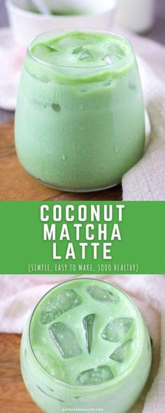 a green smoothie in a glass with the words coconut matcha latte on it