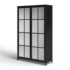 a black and white cabinet with glass doors on the front, against a white background