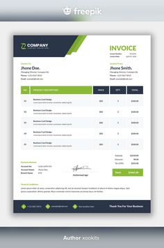 an invoice form with green and blue accents on the front, black and white background