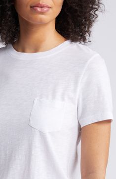 A single patch pocket punctuates the chest of this everyday T-shirt made from a soft and breathable cotton blend. 25 1/2" length (size Medium) Crewneck Short sleeves Chest patch pocket 60% cotton, 40% modal Machine wash, dry flat Imported White Short Sleeve Tops With Patch Pockets, White Casual T-shirt With Side Pockets, White Cotton T-shirt With Side Pockets, Basic Everyday T-shirt With Pockets, White Tops With Patch Pockets In Relaxed Fit, Relaxed White Tops With Patch Pockets, White Relaxed Fit Top With Patch Pockets, White Crew Neck Top With Side Pockets, Basic Tops With Pockets For Everyday