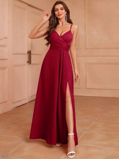 Burgundy Red Women Fashion Summer V-Neck Pleated Slit Bridesmaid Dress (Adult) Burgundy   Sleeveless Woven Fabric Plain A Line Non-Stretch  Weddings & Events, size features are:Bust: ,Length: ,Sleeve Length: Vestidos Color Vino, Latest Bridesmaid Dresses, Dark Red Dresses, Mesh Overlay Dress, Wedding Plans, Wedding Bridesmaid Dresses, Women's Summer Fashion, Fashion Summer, Wedding Bridesmaids