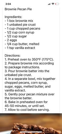 the recipe for brownie pecan pie on a plate