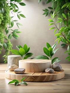 a wooden table topped with rocks and green plants