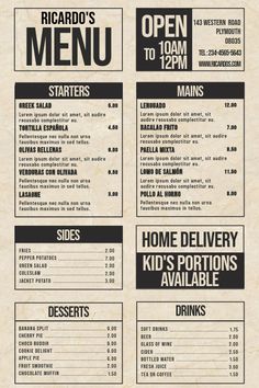 a menu for a restaurant with black and white lettering