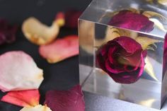 a clear box filled with pink and red roses on top of a table next to petals