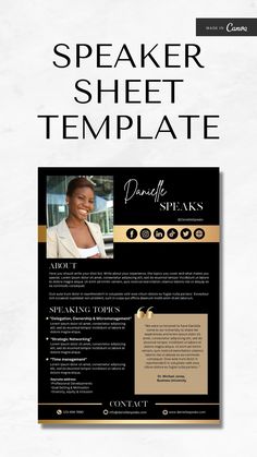 Black and Gold Speaker Sheet Template, EPK Canva  Speaker Template, Professional Speaker One Sheet Church Graphic Design, Writing About Yourself, Profile Design, Canva Template, Life Coach