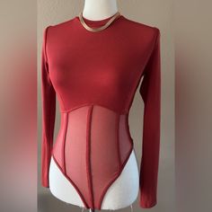 Rust Red Ribbed Solid And Mesh Bodysuit With Long Sleeves 2x1 Rib And Mesh Contrast Corset Style Binding Trim Detail Long Sleeve Bodysuit Polyester Medium Fits 6 Chic Going Out Travel Vacation Night Out Brunch Date Fashionable Stylish Fall Celebrity Skims Trendy Trending Brunch Date, Mesh Bodysuit, Corset Style, Trim Detail, Long Sleeve Bodysuit, Travel Vacation, Binding, Night Out, Going Out