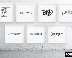 six black and white prints with the names of different brands hanging on a brick wall