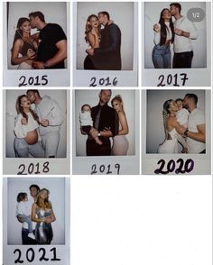 a couple and their baby are posing for pictures in the same family's year