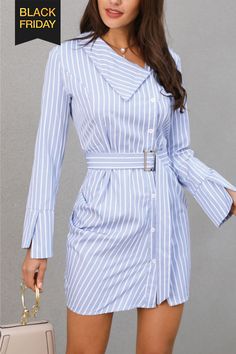 Pinstripes Ruched Irregular Belted Shirt Dress Long Sleeve Sundress, Summer Dresses Long Sleeve, Summer Dresses Long, Work Dresses, Belted Shirt Dress, Shirt Dresses, Long Summer Dresses, Dress Shirts For Women, Trend Fashion