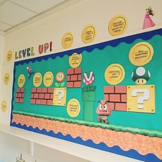 this is a super mario bros themed bulletin board on the wall in a school classroom