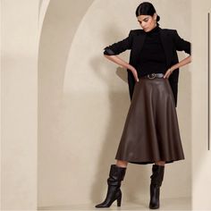 A-Line Brown Leather Midi Skirt From Banana Republic Size 2 New With Tags Leather Midi Skirt Outfit, Midi Leather Skirt, Vegan Leather Midi Skirt, Faux Leather Midi Skirt, University Outfit, Vegan Leather Skirt