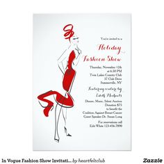 a fashion show flyer with a woman in a red dress