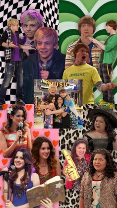 the collage shows many different people in their outfits, including one with a microphone