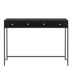 a black console table with two drawers and gold knobs on the bottom, against a white background