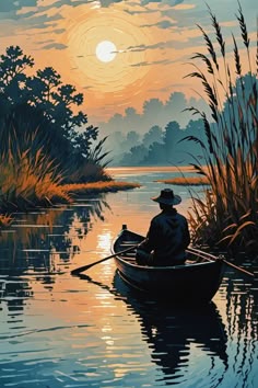 a painting of a man in a boat on the water at sunset with reeds