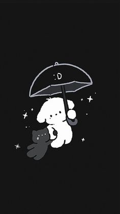 a black and white drawing of a koala bear holding an umbrella over a cat