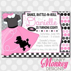 a pink and black dress birthday party card