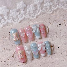 If you order a shorter nail length, some charms will need to be adjusted to make the design look pretty and fit on a smaller nail tip ʕ*́ᴥ*̀ʔっ. What you will receive: ♡ 10 custom nails ♡ Mini nail file ♡ Mini nail buffer ♡ Nail glue ♡ Nail adhesive sticker ♡ Cuticle pusher ♡ Alcohol prep pad ♡ Instructions PLEASE MAKE SURE TO READ THE SIZING DETAILS! Some shapes & lengths run small in width The biggest size is 16mm (Suitable for size XS-M): Short Natural Short Round New Medium Almond Medium Stil Pastel Pink And Blue Nails, Melanie Martinez Inspired Nails, Kawaii Nails Acrylic, Blue Pink Nails, Teddy Bear Nails, Teddy Bear Kawaii, Nails Baby Pink, Bear Nails, Bear Kawaii