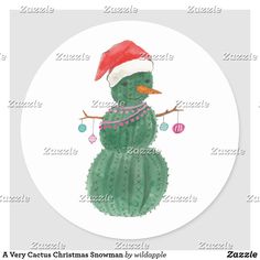 a watercolor christmas snowman with a santa hat on his head and cactus in the background