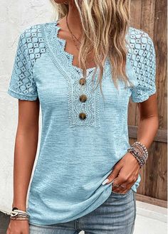 Color:Light Blue;Size:S;Size:M;Size:L;Size:XL;Size:XXL;Package Contents:1 X T Shirt;Occasion:Other;Style:Casual; Stylish Tops For Women, Lace Tshirt, Lace Button, Lace Outfit, Jeans Cargo, Maxi Robes, Plain Tshirt, Yoga Shorts, Neck Lace