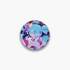 a button with an image of a little pony on it's back and blue, purple