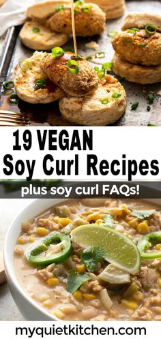 vegan soup recipe with text overlay that reads 19 vegan soy curl recipes plus soy curl faqs