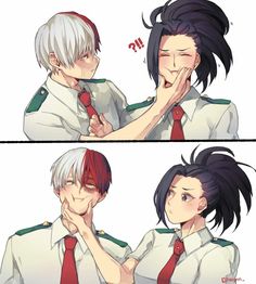 two anime characters with their hands on their mouths, one is wearing a red tie and the other has white hair