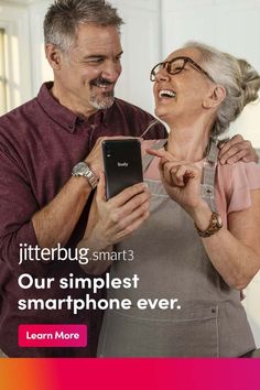 an older couple looking at a smart phone together with the caption,'littlebug smart 3 our simplest smartphone ever learn more learn more '