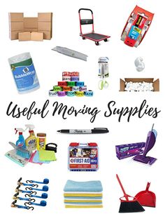 the words useful moving supplies surrounded by various items