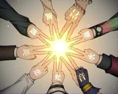 a group of people holding their hands together with the sun shining in the middle and writing on them