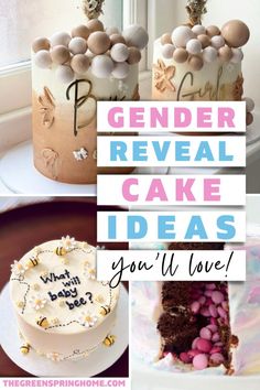 some cakes that have been decorated and are on top of each other with the words, gender reveal cake ideas you'll love