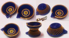 four different pictures of blue and gold vases with beaded designs on the sides