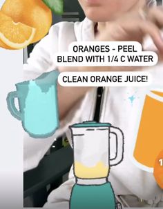 an orange juice is being poured into a blender with the words orange peel, blend with 1 / 4 c water and clean orange juice